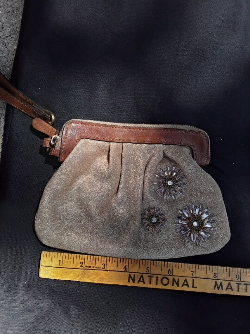 Vintage Fossil Metallic Bronze Crystal Embellished Leather Wristlet Clutch Bag